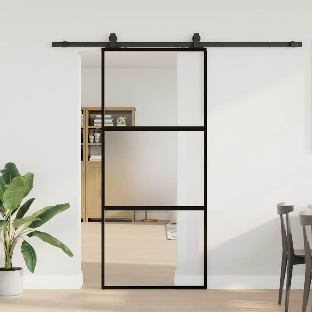 Schuifdeur met beslagset 90x205 cm gehard glas zwart