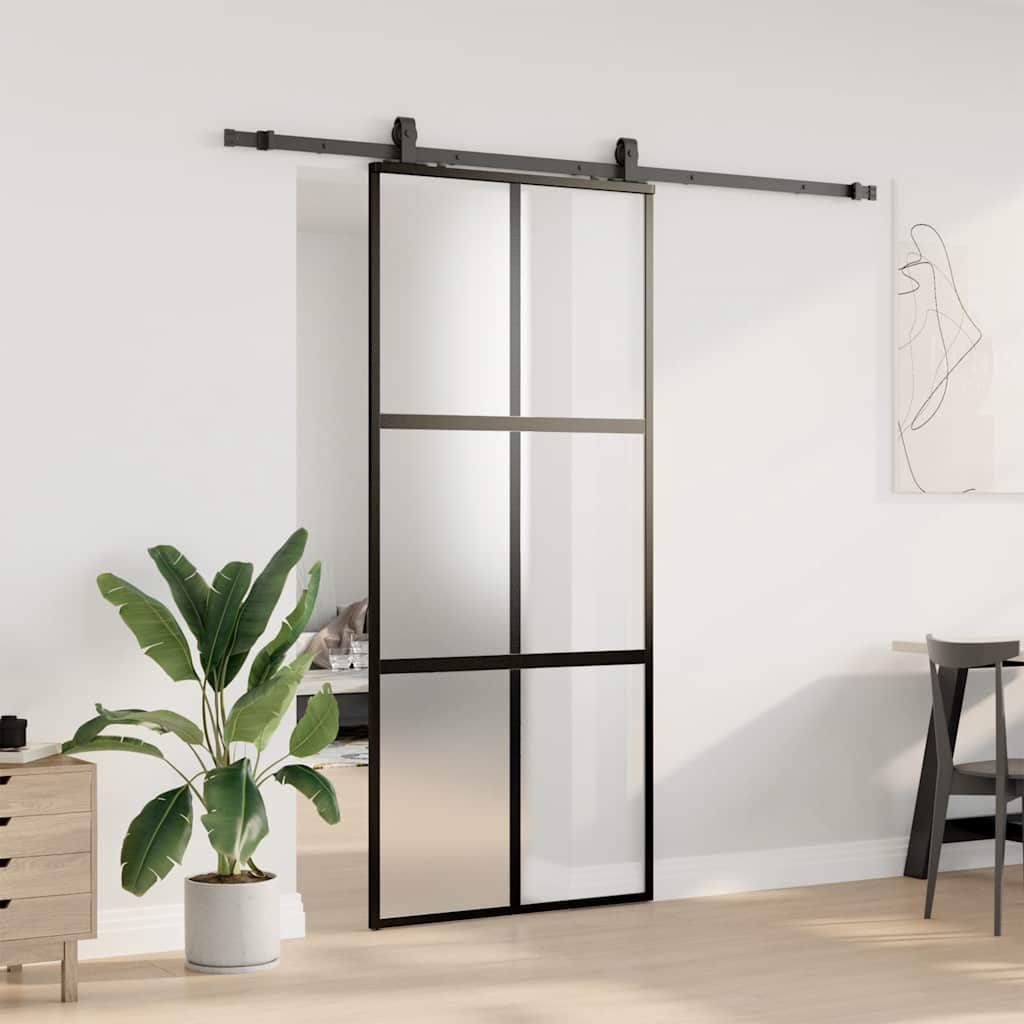 Schuifdeur met beslagset 90x205 cm gehard glas zwart