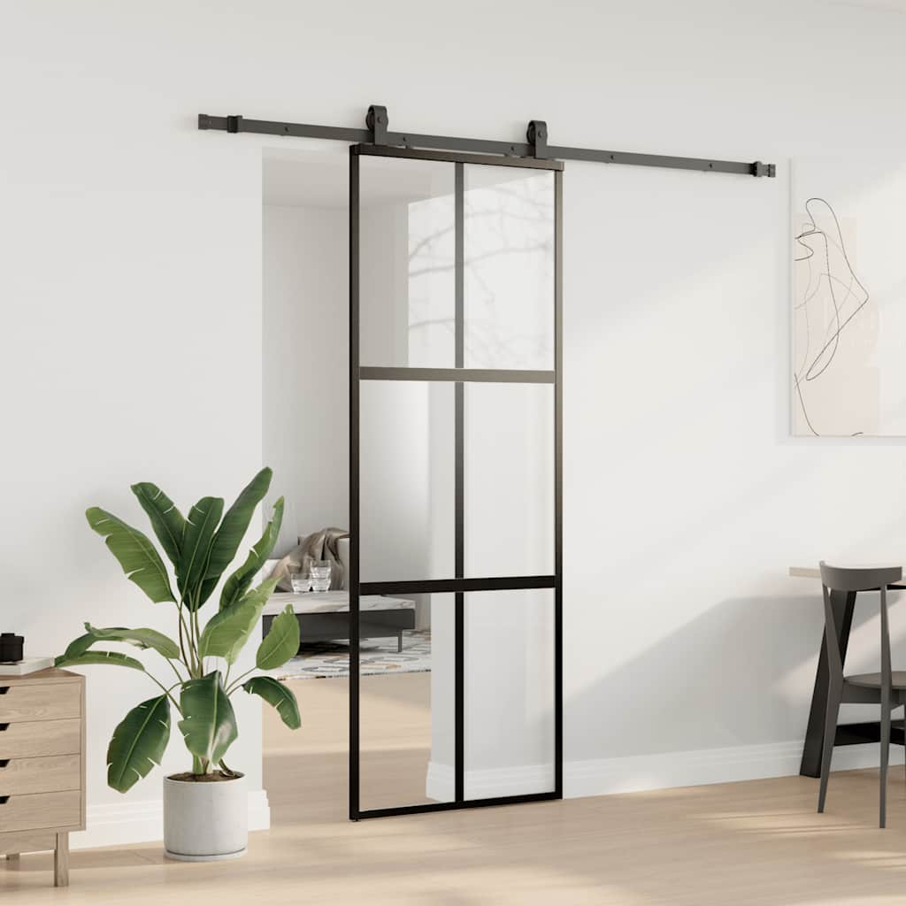 Schuifdeur met beslagset 76x205 cm gehard glas zwart