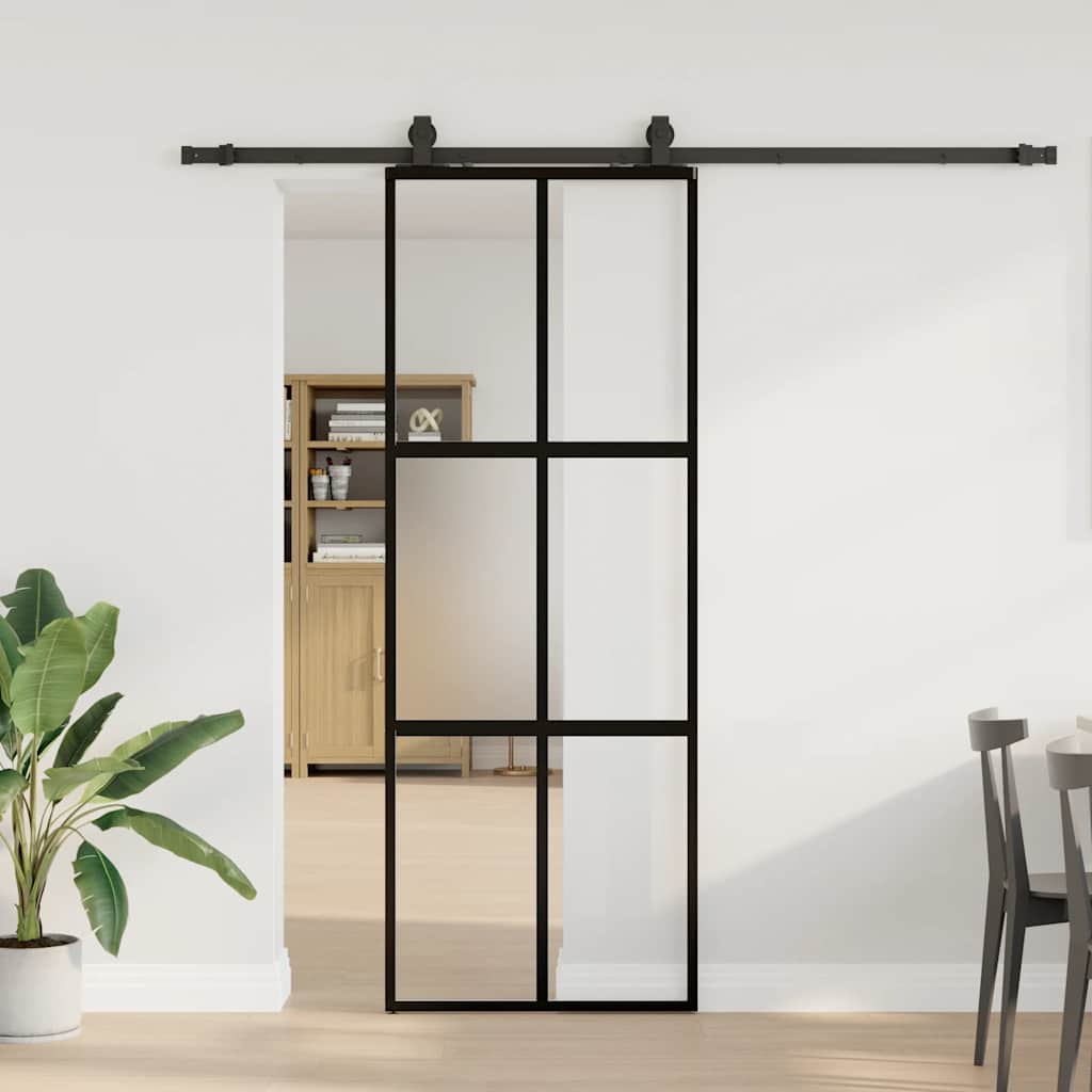 Schuifdeur met beslagset 76x205 cm gehard glas zwart