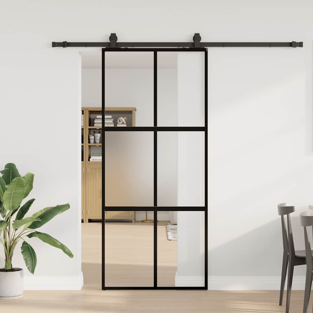 Schuifdeur met beslagset 90x205 cm gehard glas zwart