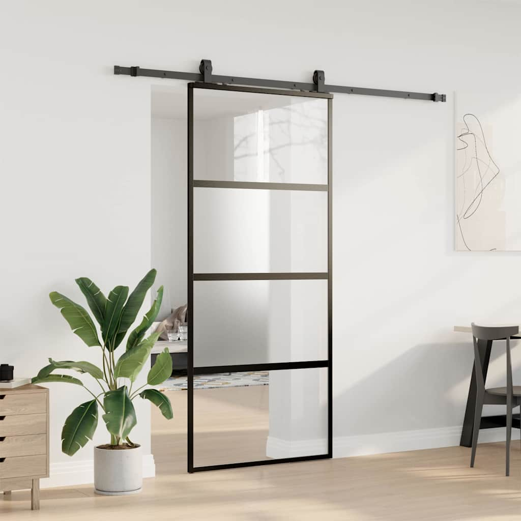 Schuifdeur met beslagset 90x205 cm gehard glas zwart