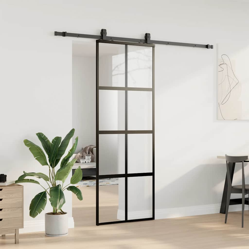 Schuifdeur met beslagset 76x205 cm gehard glas zwart