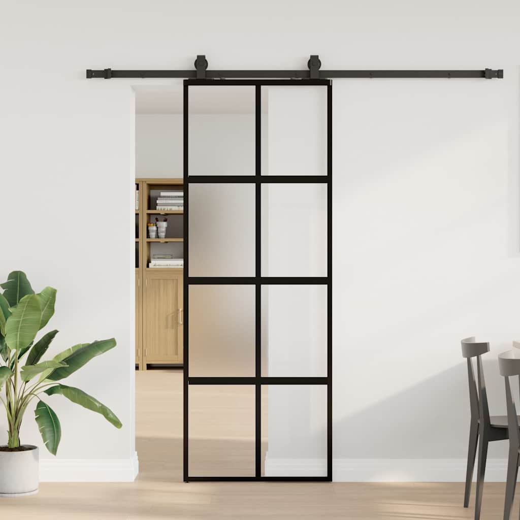 Schuifdeur met beslagset 76x205 cm gehard glas zwart