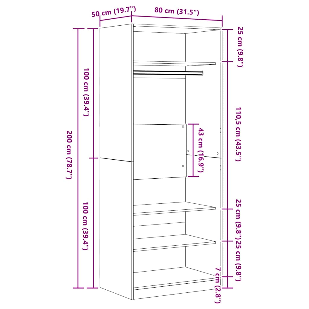Kledingkast met plank Zwart eiken 80 x 50 x 200 cm Bewerkt hout