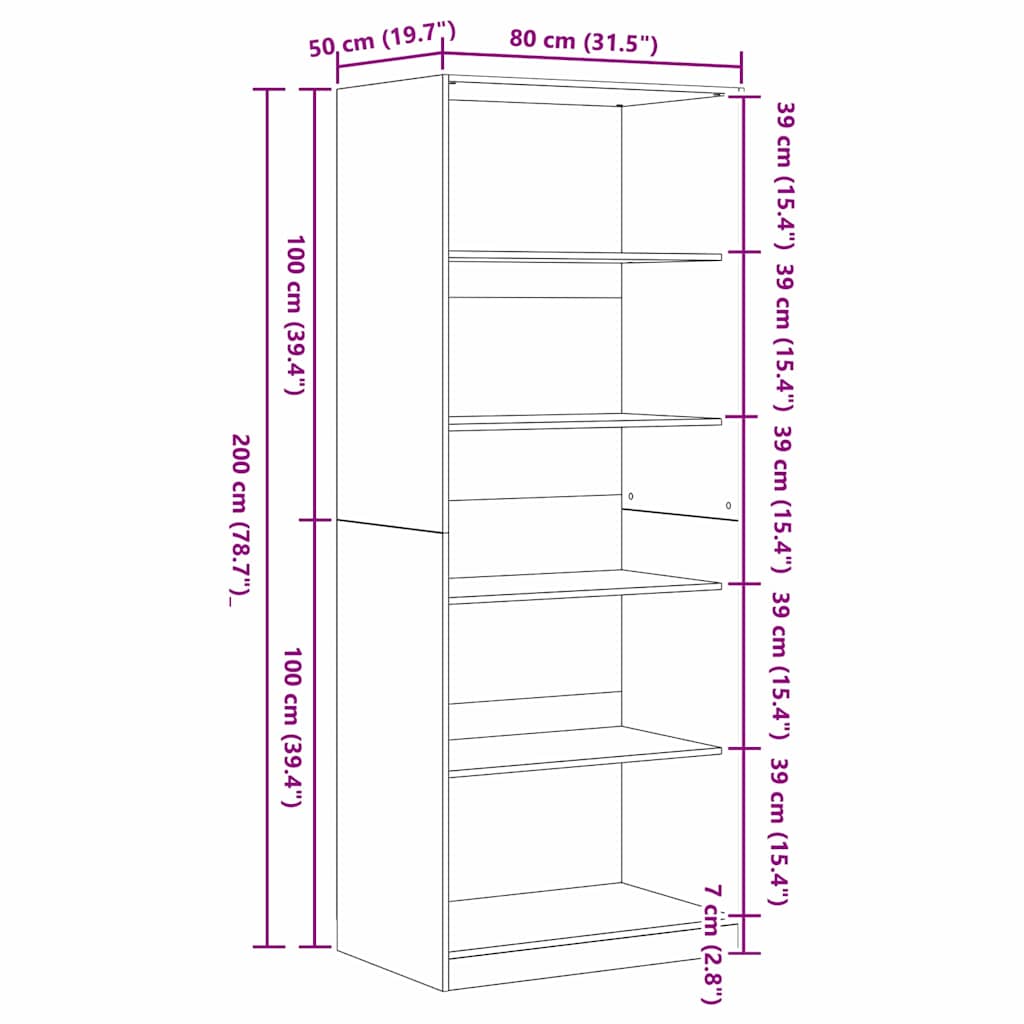 Kledingkast met plank Zwart eiken 80 x 50 x 200 cm Bewerkt hout