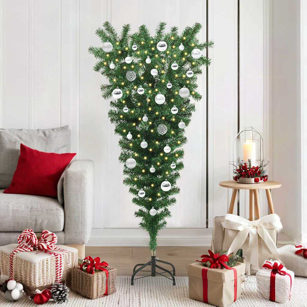 Ondersteboven Kunst Kerstboom met Ballenset Groen 150 cm PVC