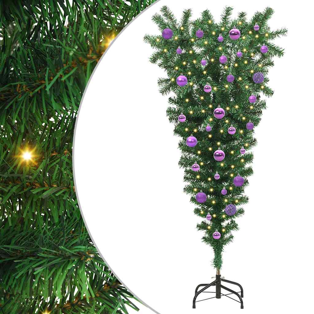 Ondersteboven Kunstkerstboom met Ballenset Groen 150 cm PVC