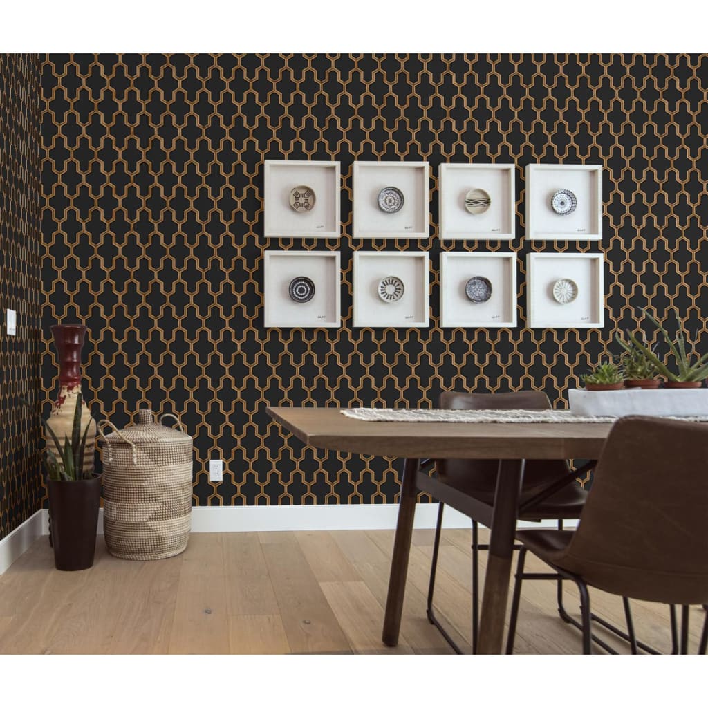 Behang Geometric zwart en goudkleurig