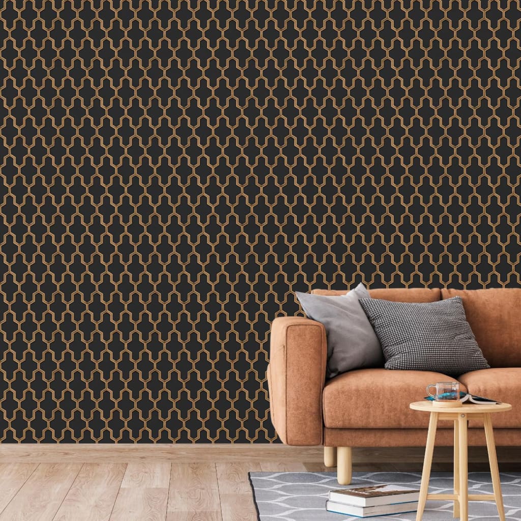 Behang Geometric zwart en goudkleurig