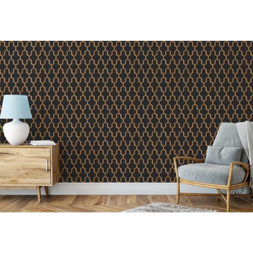 Behang Geometric zwart en goudkleurig