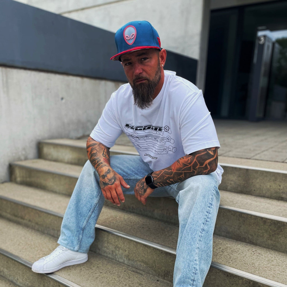 Alien Party Snapback - Blue/Red & Clear Rubber Logo