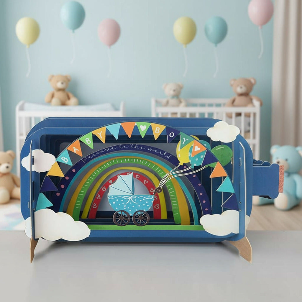 Betoverende Pop-up | Message in a bottle | Unieke 3D Wenskaart Geboorte Jongen