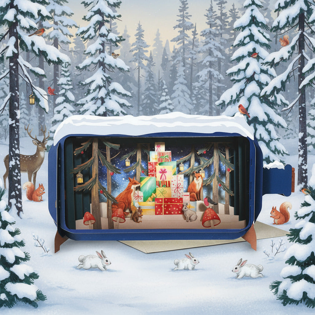 Mooie Pop-up Kerst kaart | Kerst cadeautjes in het bos | Message in a Bottle | Leuk als Cadeau