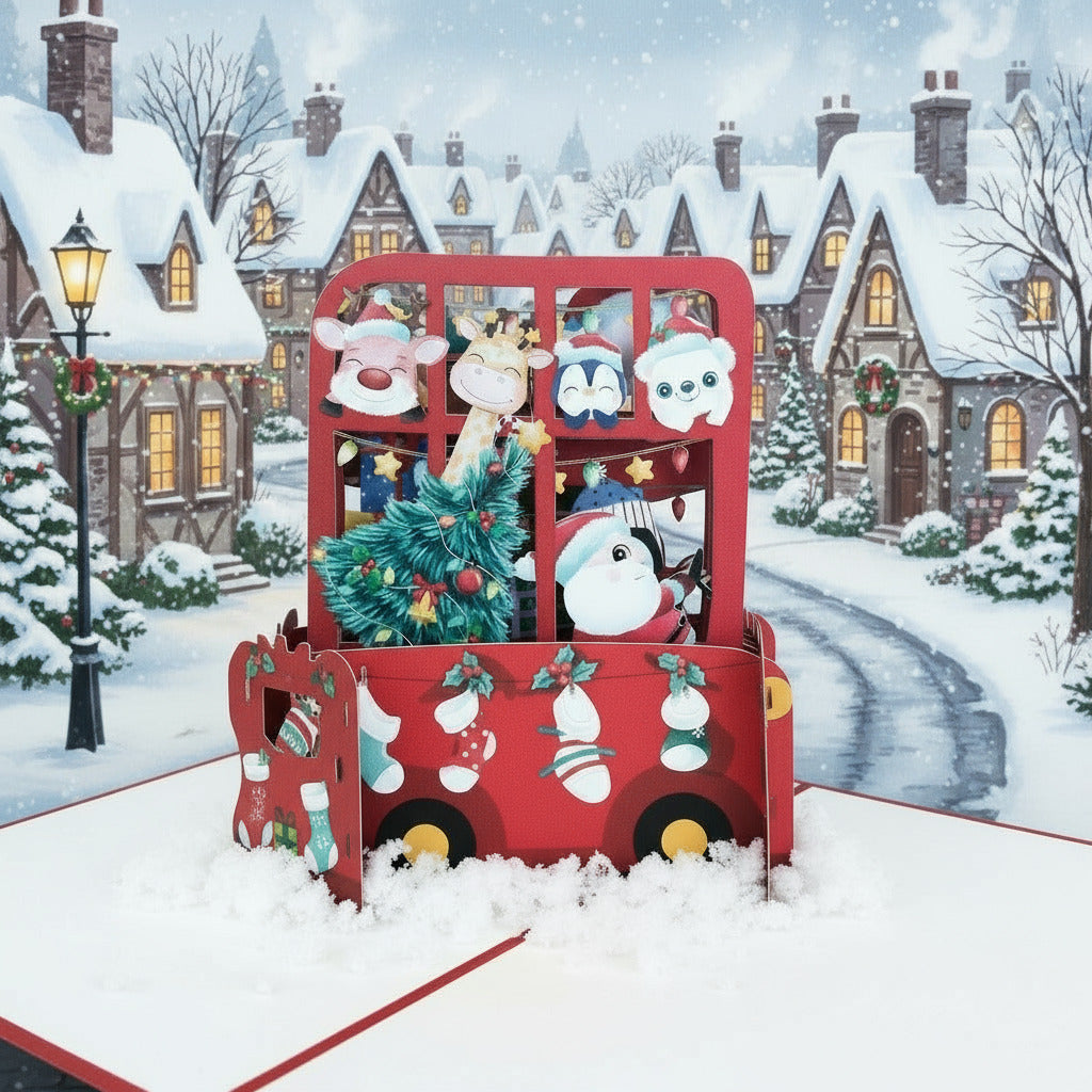 Mooie Pop-up Kerst kinderkaart | Kerstbus met Kerstman| 3D kaart | Leuk als Cadeau