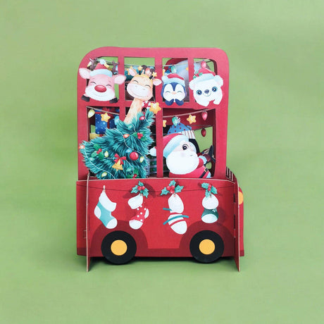 Mooie Pop-up Kerst kinderkaart | Kerstbus met Kerstman| 3D kaart | Leuk als Cadeau