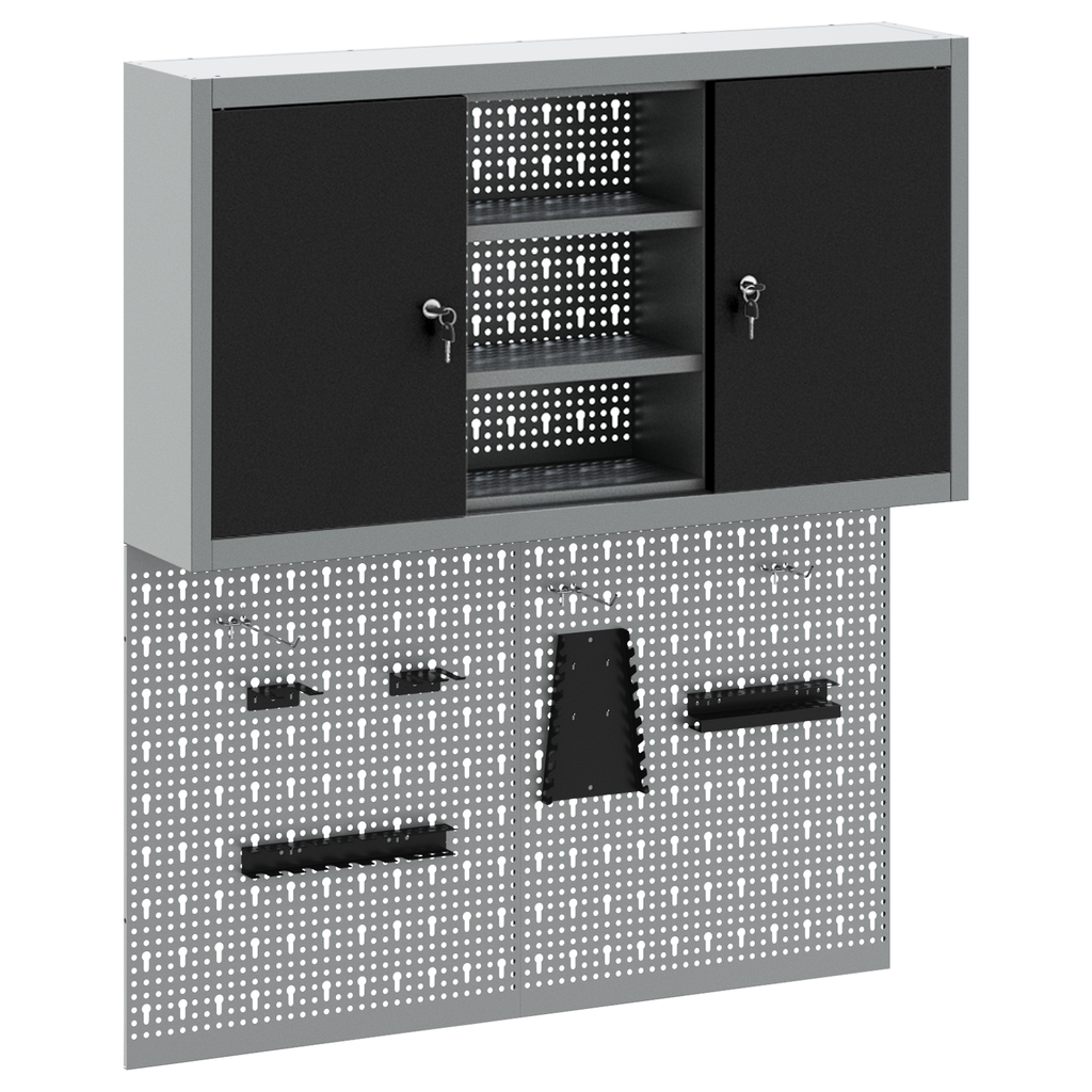3-delige gereedschapskist en pegboard wandmontage set zwart metaal