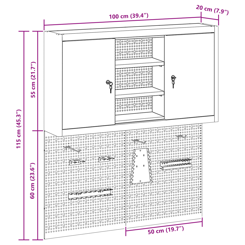 3-delige gereedschapskist en pegboard wandmontage set zwart metaal