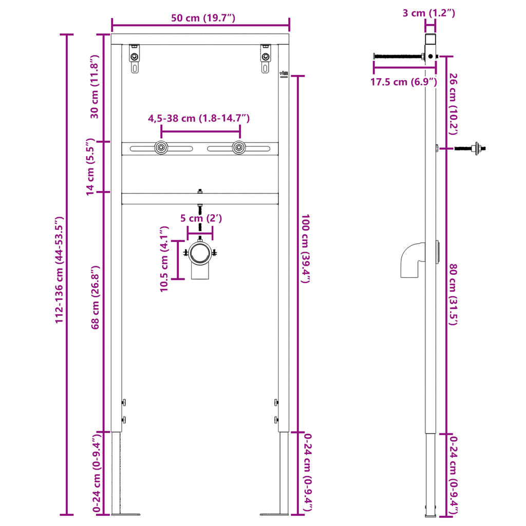 Montageframe wasbak verborgen 50x112-136 cm staal