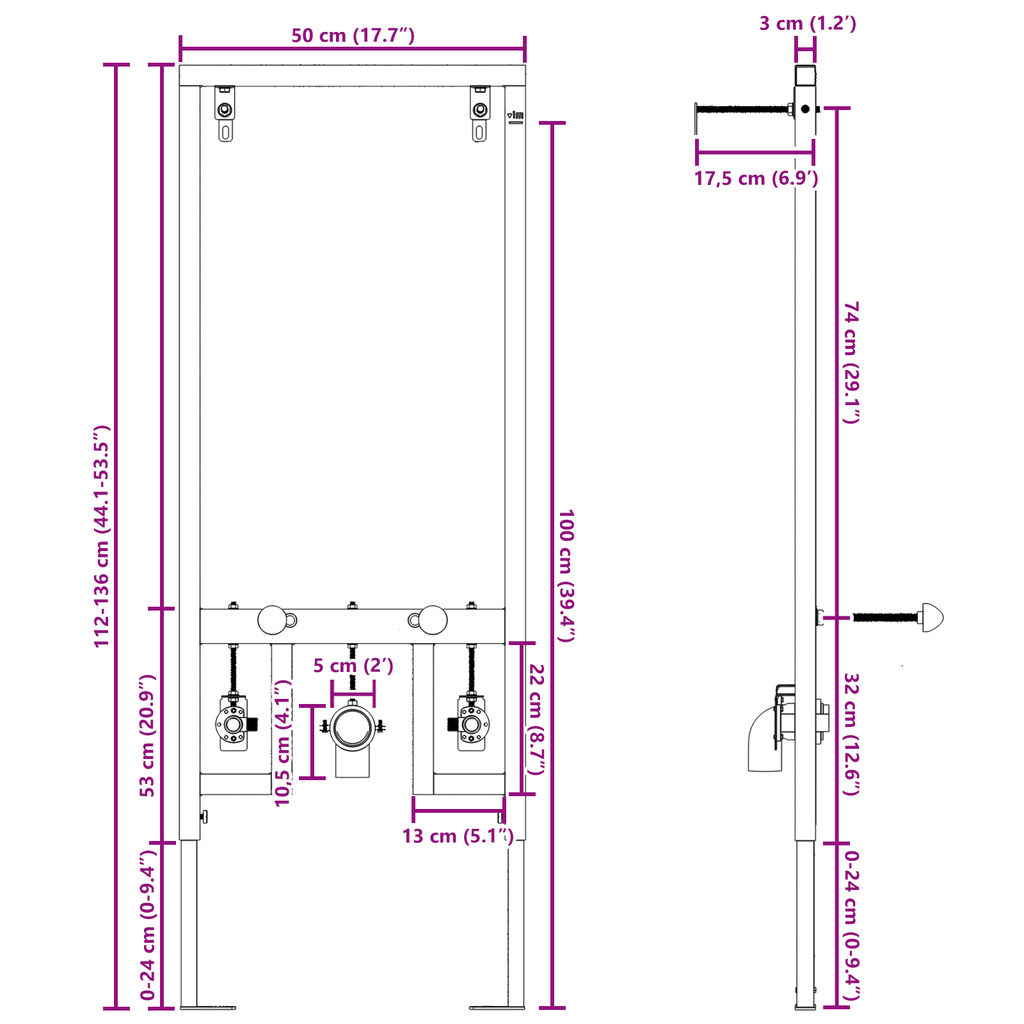 Montageframe bidet verborgen 50x112-136 cm staal