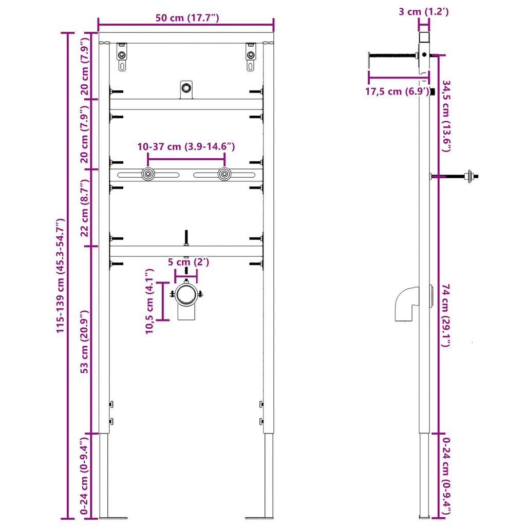 Montageframe urinoir verborgen 50x115-136 cm staal
