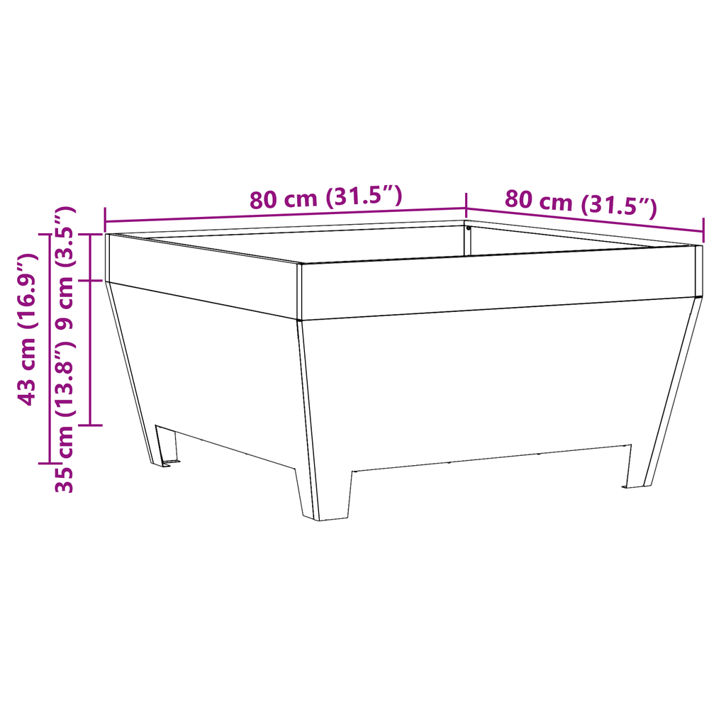Vuurkorf vierkant 80x80x43 cm cortenstaal