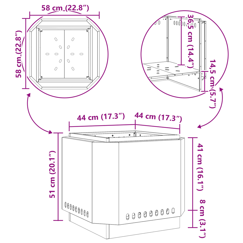 Vuurkorf rookvrij 58x58x51 cm cortenstaal