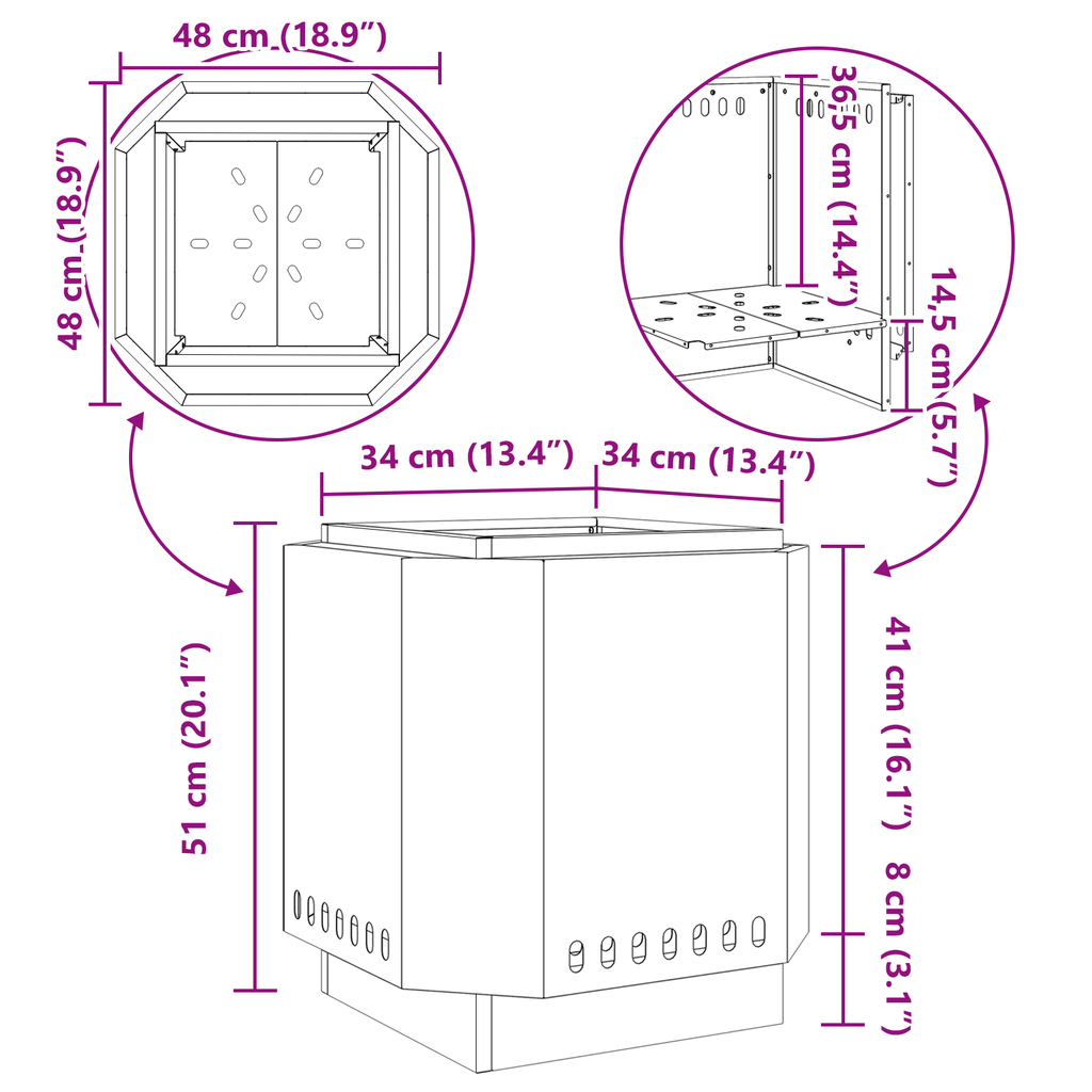 Vuurkorf rookvrij 48x48x51 cm cortenstaal