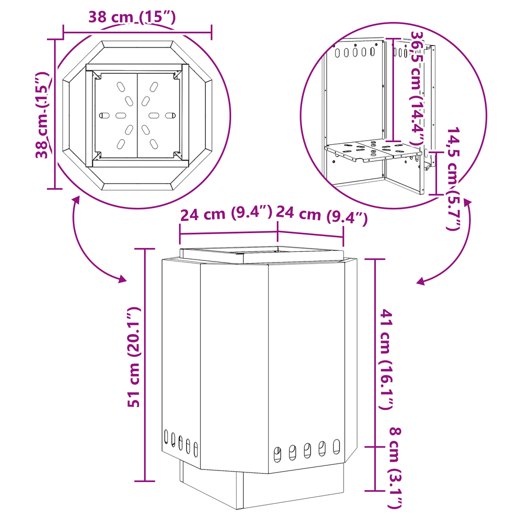 Vuurkorf rookvrij 38x38x51 cm cortenstaal
