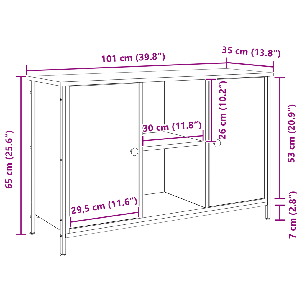 Tv-meubel 101x35x65 cm bewerkt hout en staal zwart eikenkleur
