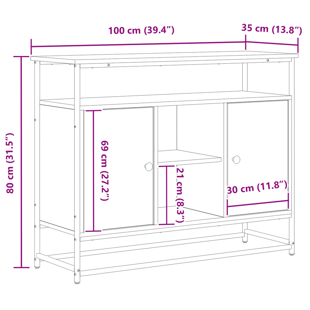 Dressoir 100x35x80 cm bewerkt hout en staal artisanaal eiken