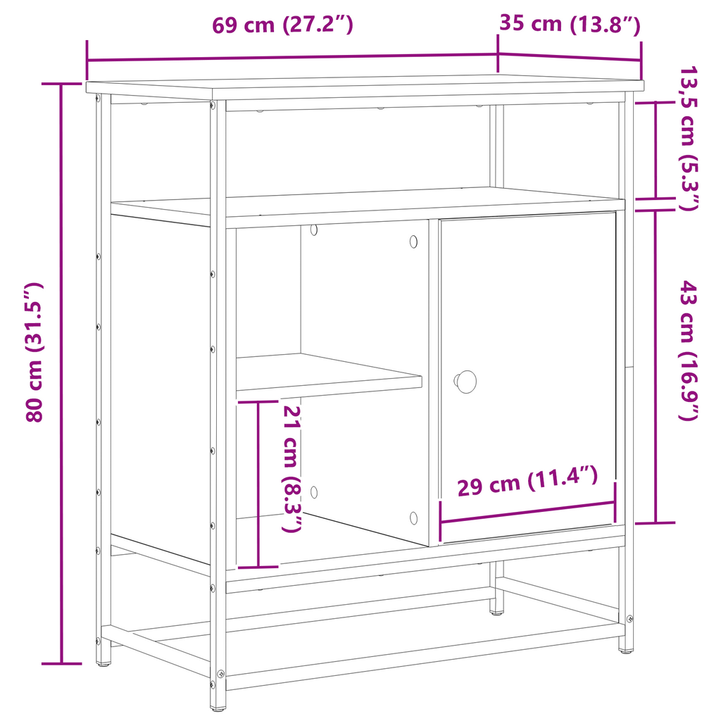 Dressoir 69x35x80 cm bewerkt hout en staal zwart eikenkleurig