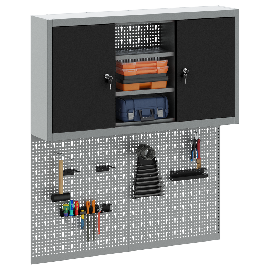 3-delige gereedschapskist en pegboard wandmontage set zwart metaal