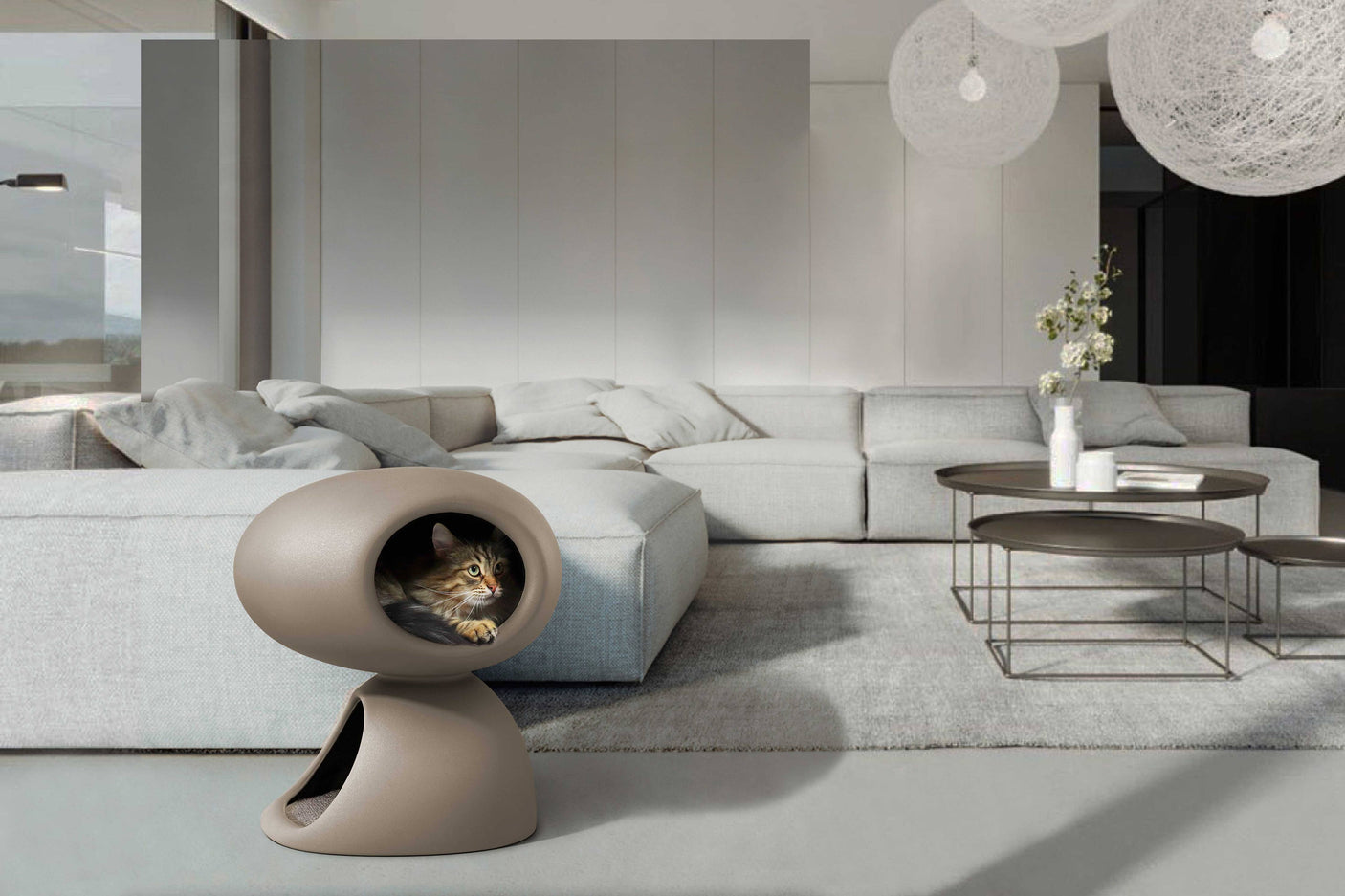 Woonkamer Cat Cave met de geïntegreerde sisalkrabpaal en het hangende kattenspeeltje 2