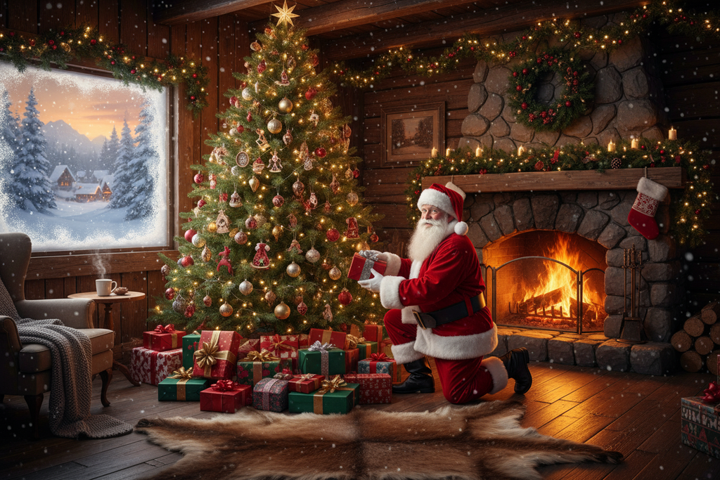 Sfeervolle kerst met sneeuw kerstman kerstboom, kerstverlichting en cadeaus